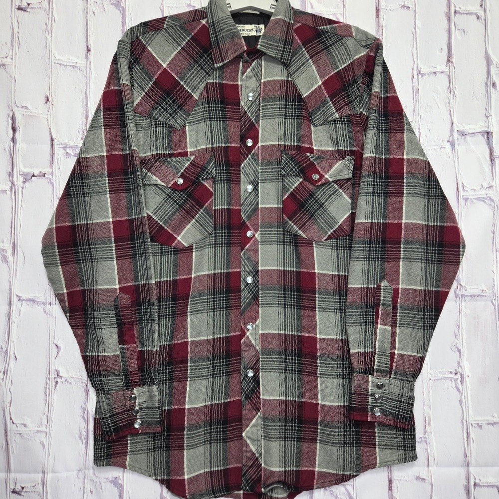 VTG ROEBUCKS Genuine Plaid Pearl Snap Button Western‎ Shirt Burgundy Grey Men M